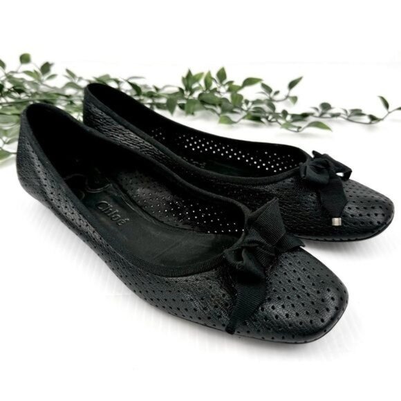Chloe Shoes - Chloe Black Perforated Ballet Flats bows derail 8